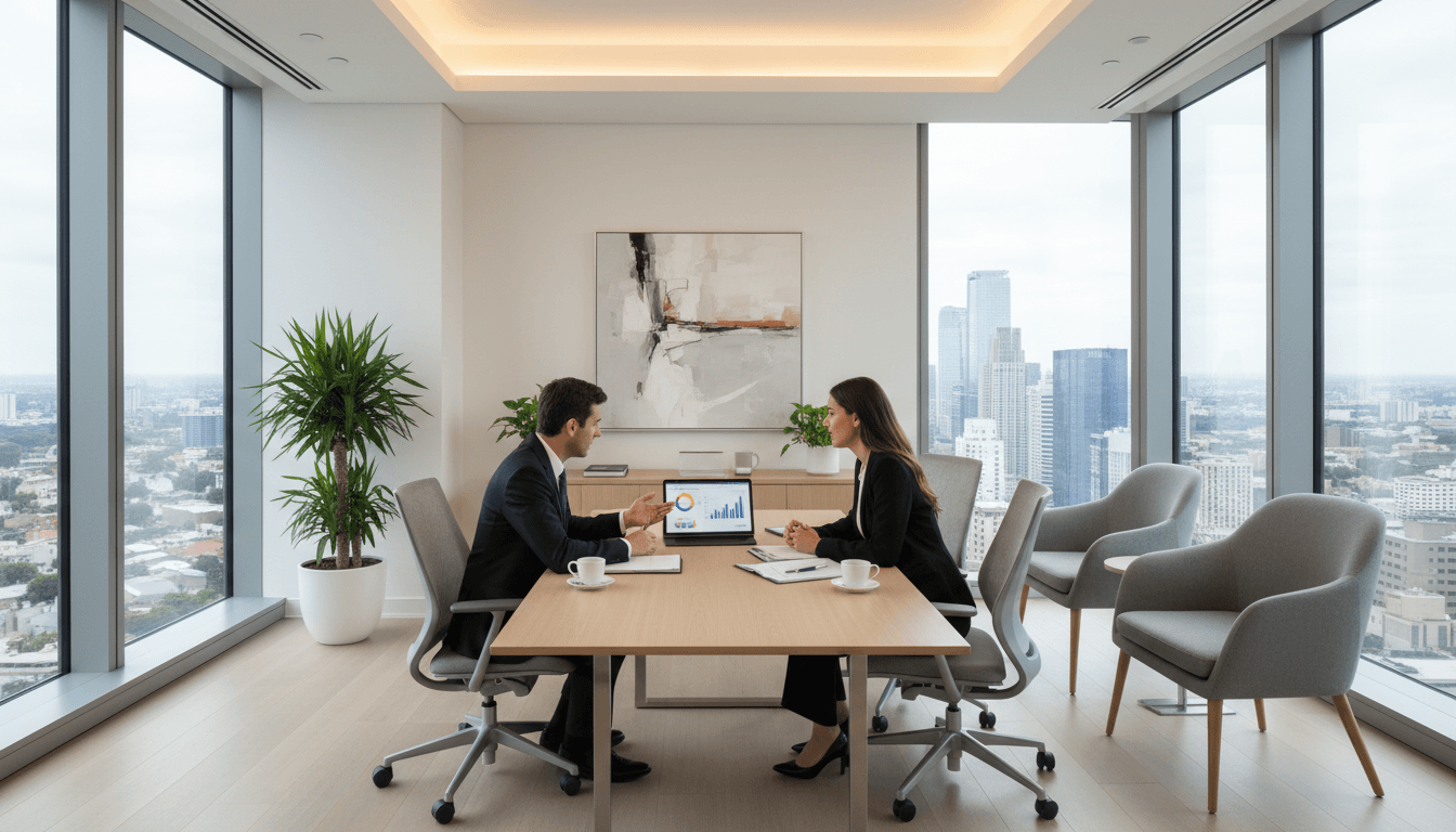 Financial advisor in discussion with a client at a modern office desk