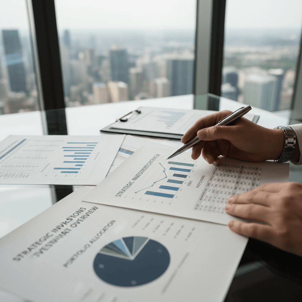 Financial charts and portfolio documents arranged on a desk