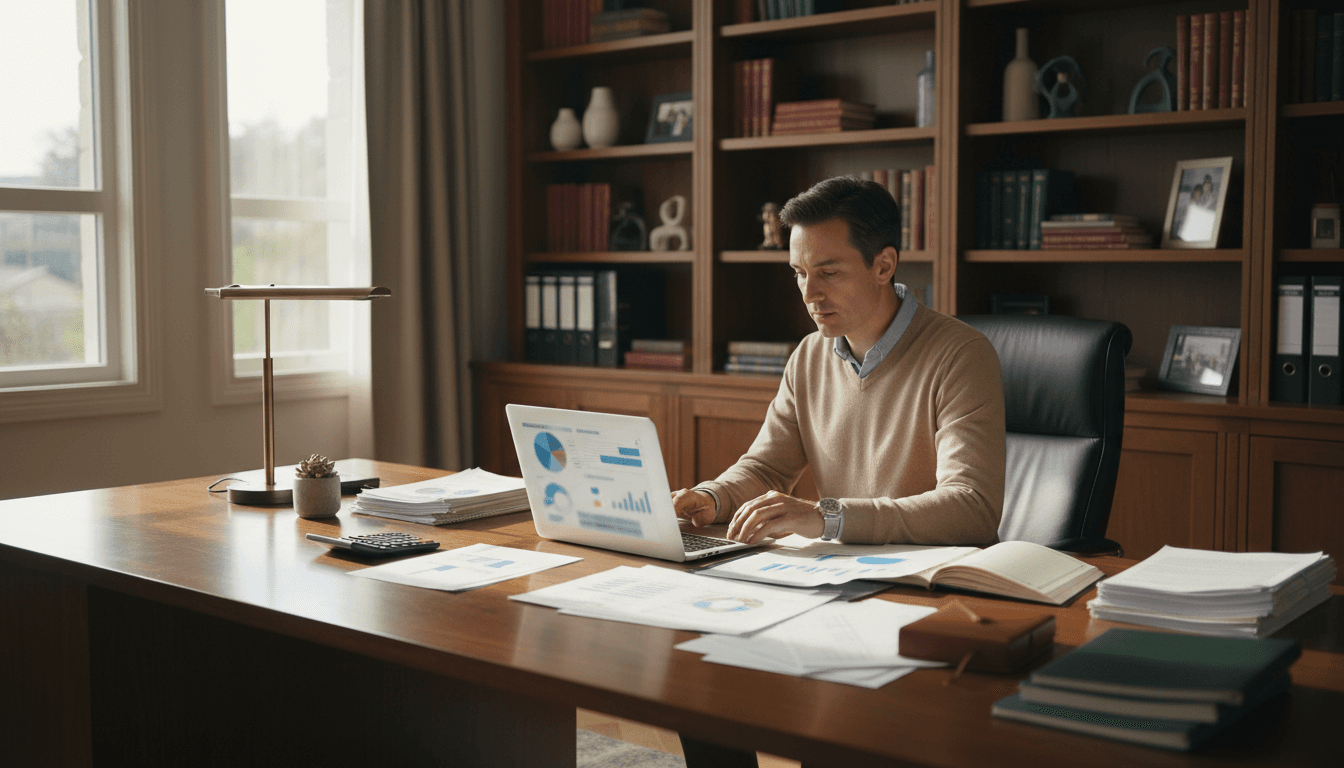 Professional reviewing budget figures on a laptop in a bright office
