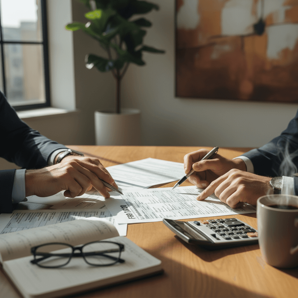 Financial advisor reviewing tax documents at a meeting table