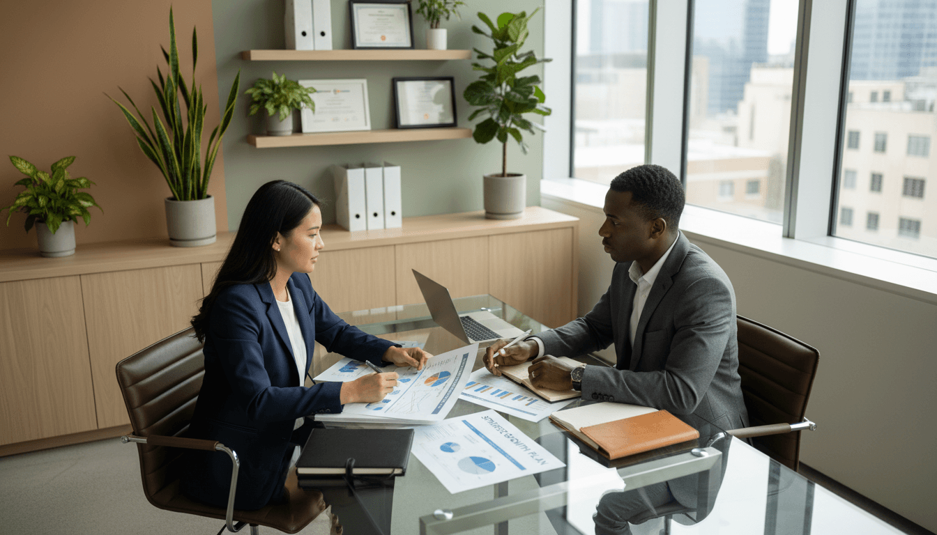 Financial advisor meeting with a client in a modern Geneva office