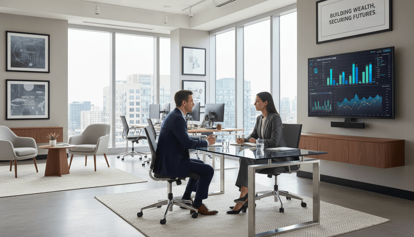 Financial advisor Guy Guy meeting with a client in a bright modern Geneva office